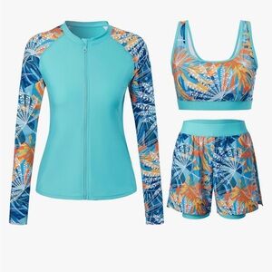 NWT 2XL Rash Guard Long Sleeve Bathing Suit with Boyshorts and Bra UPF 50+